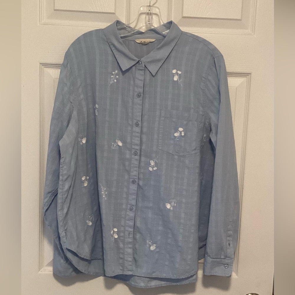 GUC Women’s Lucky Brand Plaid Floral Embroidered Button Front Blouse Sz XL